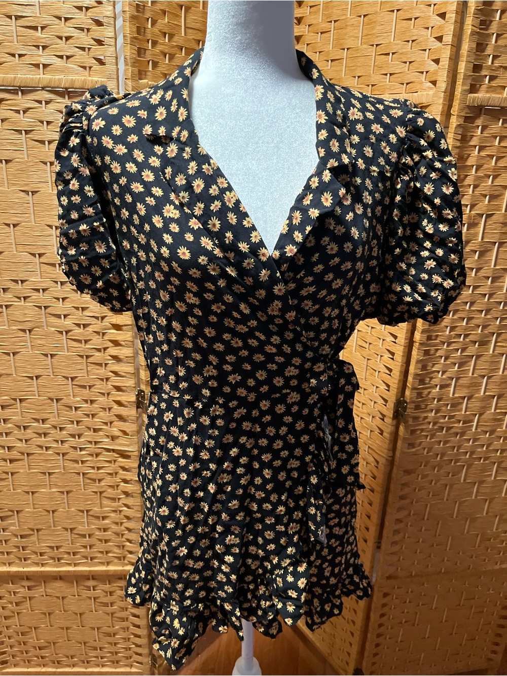 WeWoreWhat Black Mini Wrap Dress with Yellow Daisy Print